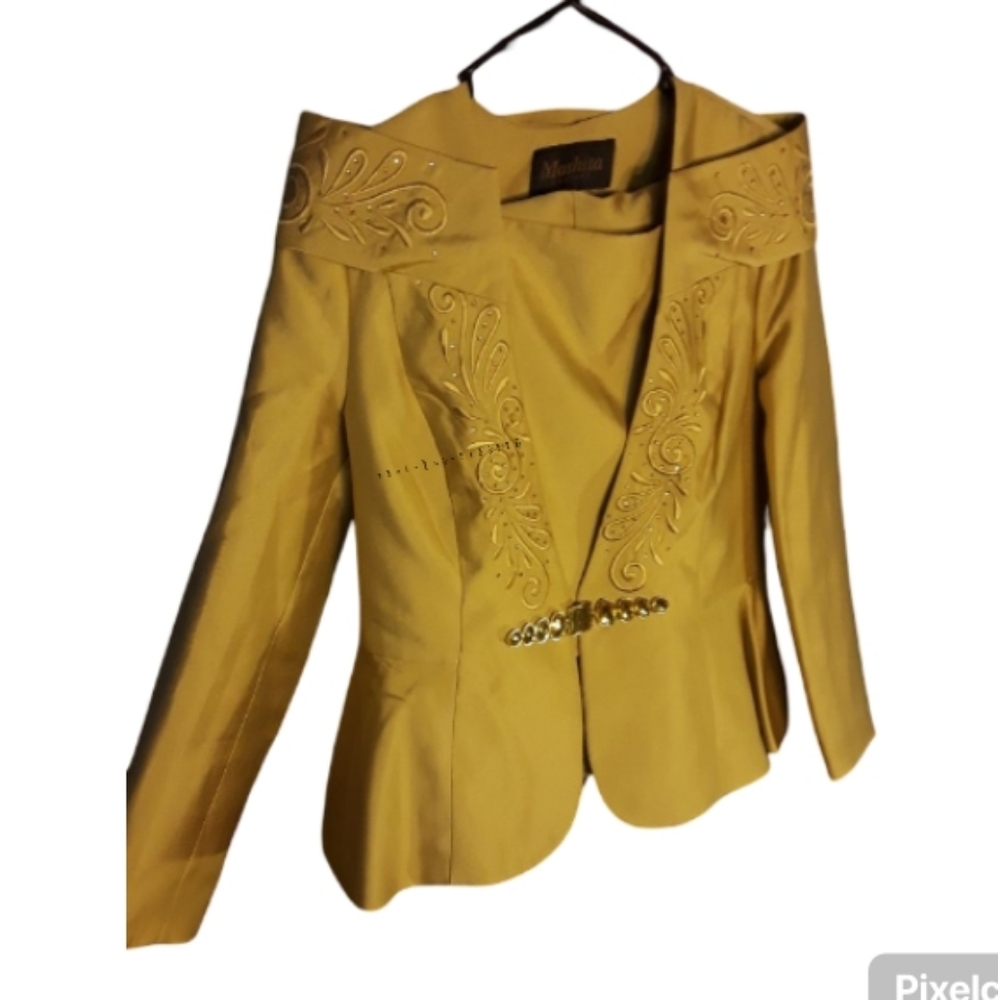 Yellow Embroidered Women's Jacket And Skirt